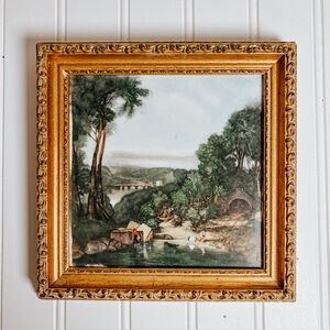 Vintage English Country Scene Ornate Gold Framed Ceramic Tile Wall Hanging